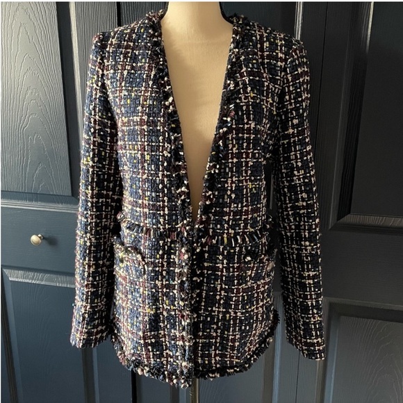 HALOGEN Tweed Blue Navy Textured Fringe Casual Blazer Jacket Button Pockets XS - Picture 9 of 13
